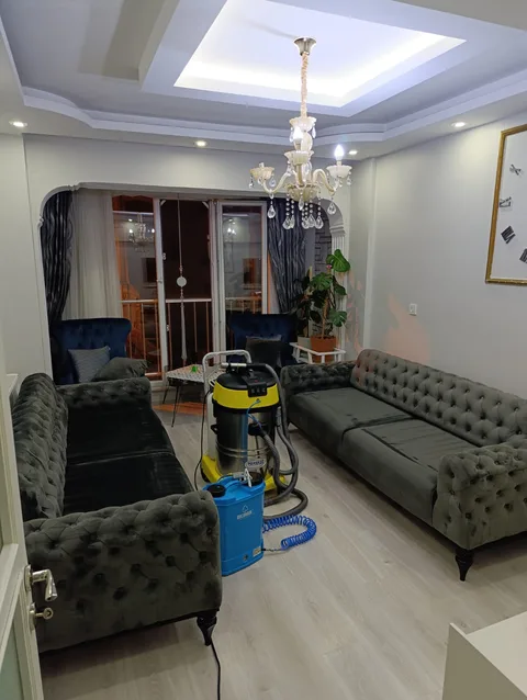 Yeşil koltuk takımı ve temizlik ekipmanı